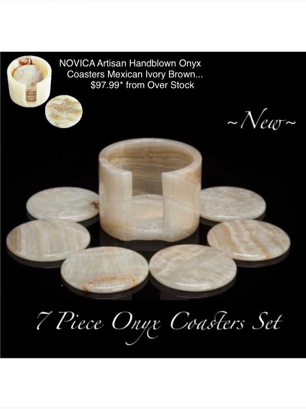 Elegant Onyx Coaster Set With Holder - Cream color ~New~